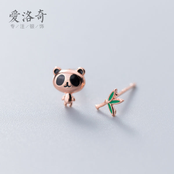 S925 Silver Stud Earrings For Women Japanese And Korean Style Cute Fashion Panda Stud Earrings Asymmetric Sweet Bamboo Ear Rings E9972