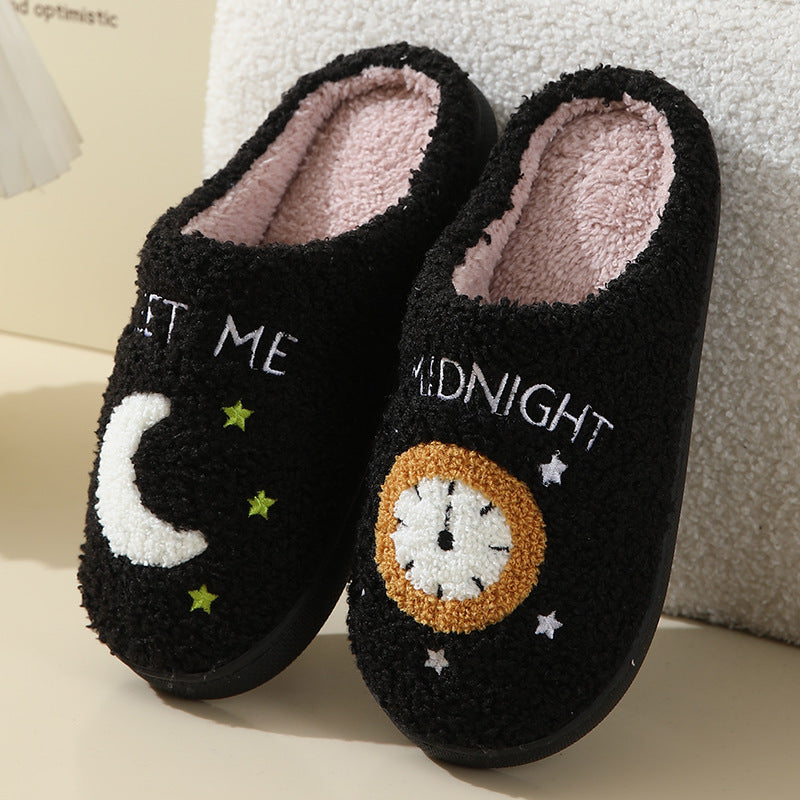 Fashion Moon And Clock Print Home Slippers Winter Warm Floor Bedroom House Shoes For Women