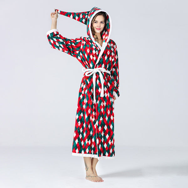 Christmas Sleepwear Women Fleece Hooded Bathrobe Plush Long Robe Winter