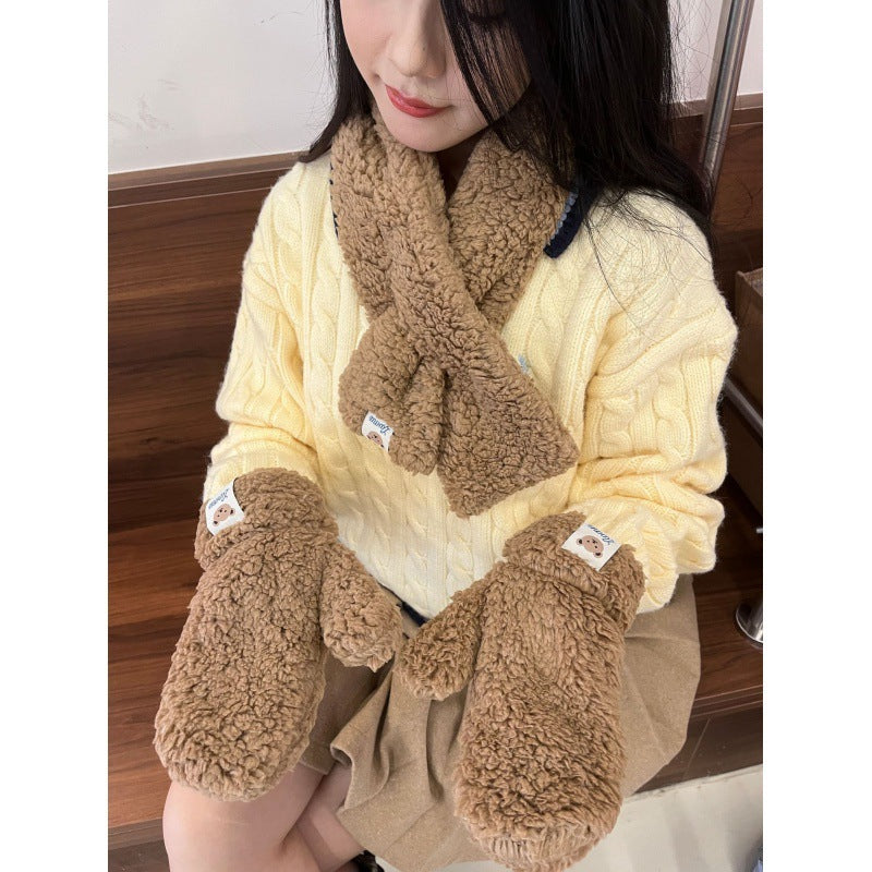 Cartoon Bear Plush Gloves Thickened Warm And Cute Scarf