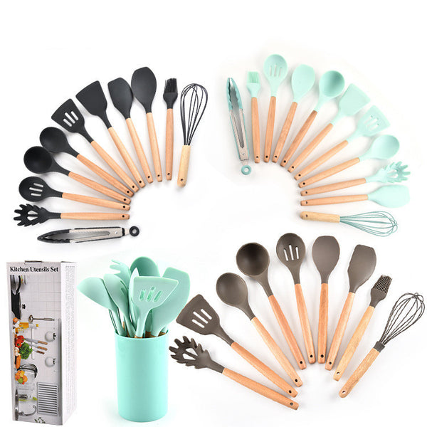 Silicone 11Pcs Kitchen Cooking Utensil Set  Non-stick Spatula Heat Resistant Wooden Handle