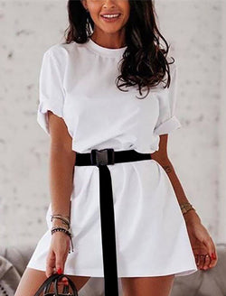 Fashion Loose Belts Ladies Dress Women Short Sleeves Shirt