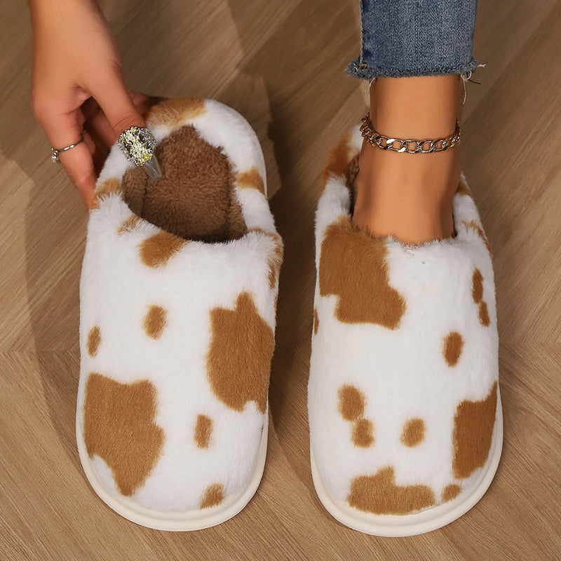 Cute Cow Spotted Plush Slippers Winter Warm Non-slip Bedroom Floor Fuzzy Slipper Couple Women House Shoes