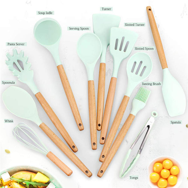 Silicone 11Pcs Kitchen Cooking Utensil Set  Non-stick Spatula Heat Resistant Wooden Handle