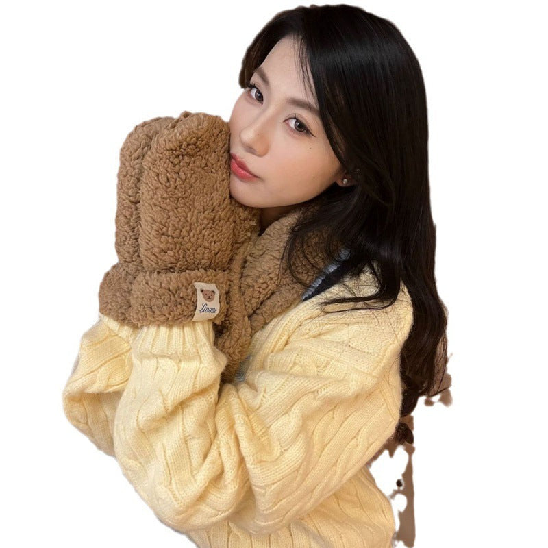 Cartoon Bear Plush Gloves Thickened Warm And Cute Scarf