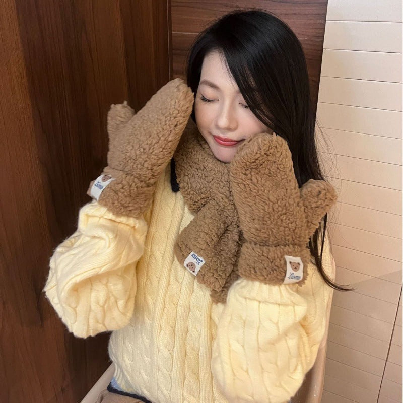 Cartoon Bear Plush Gloves Thickened Warm And Cute Scarf