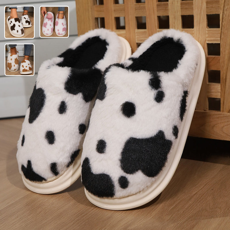 Cute Cow Spotted Plush Slippers Winter Warm Non-slip Bedroom Floor Fuzzy Slipper Couple Women House Shoes