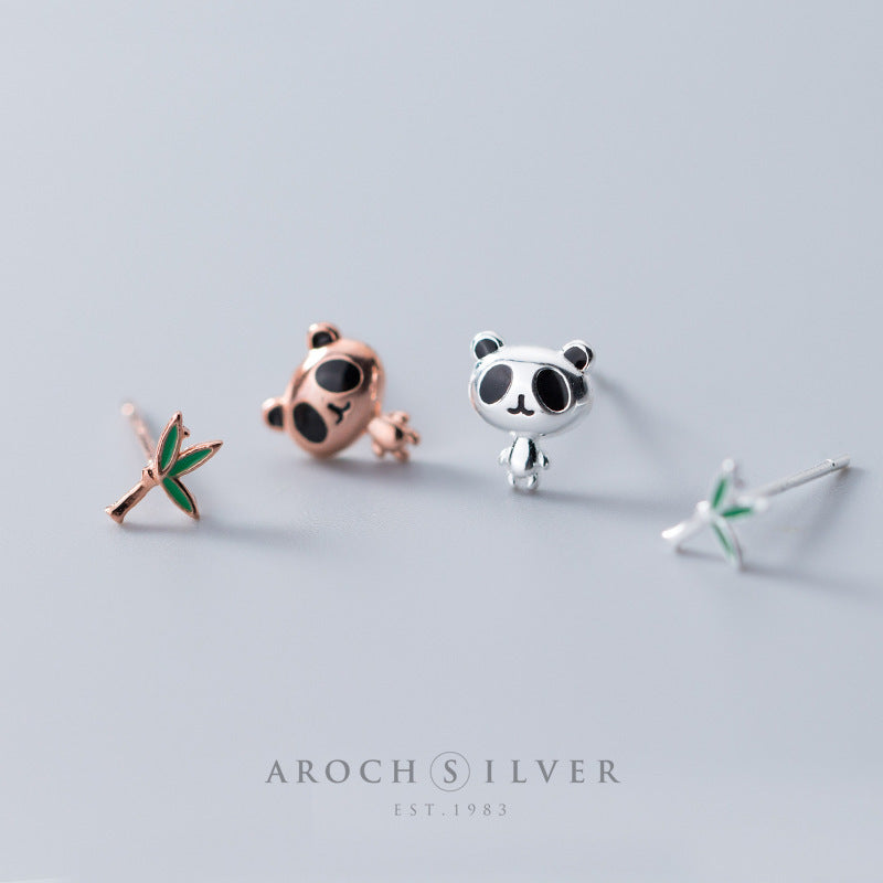 S925 Silver Stud Earrings For Women Japanese And Korean Style Cute Fashion Panda Stud Earrings Asymmetric Sweet Bamboo Ear Rings E9972