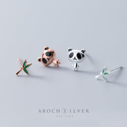 S925 Silver Stud Earrings For Women Japanese And Korean Style Cute Fashion Panda Stud Earrings Asymmetric Sweet Bamboo Ear Rings E9972