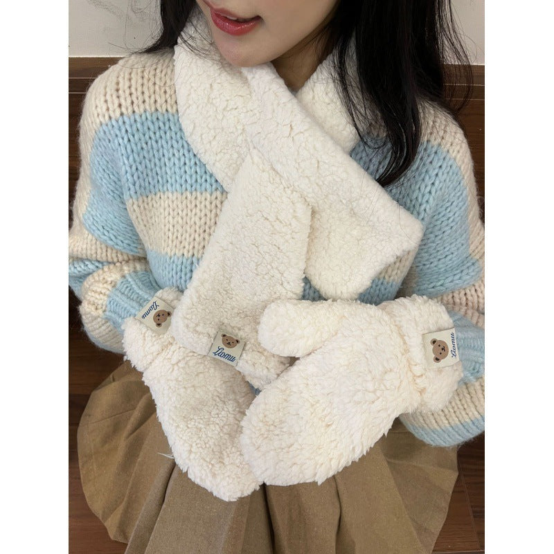 Cartoon Bear Plush Gloves Thickened Warm And Cute Scarf